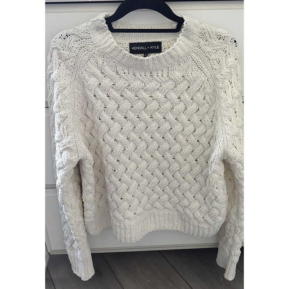 NWOT Kendall + Kylie Cream Basket weave Cable Knit Chunky Crewneck Sweater L